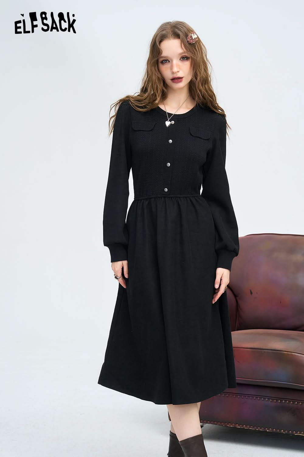 ELFSACK French Preppy Style Gentle Waist Slimming Dress