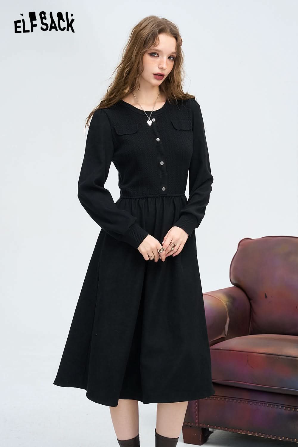 ELFSACK French Preppy Style Gentle Waist Slimming Dress