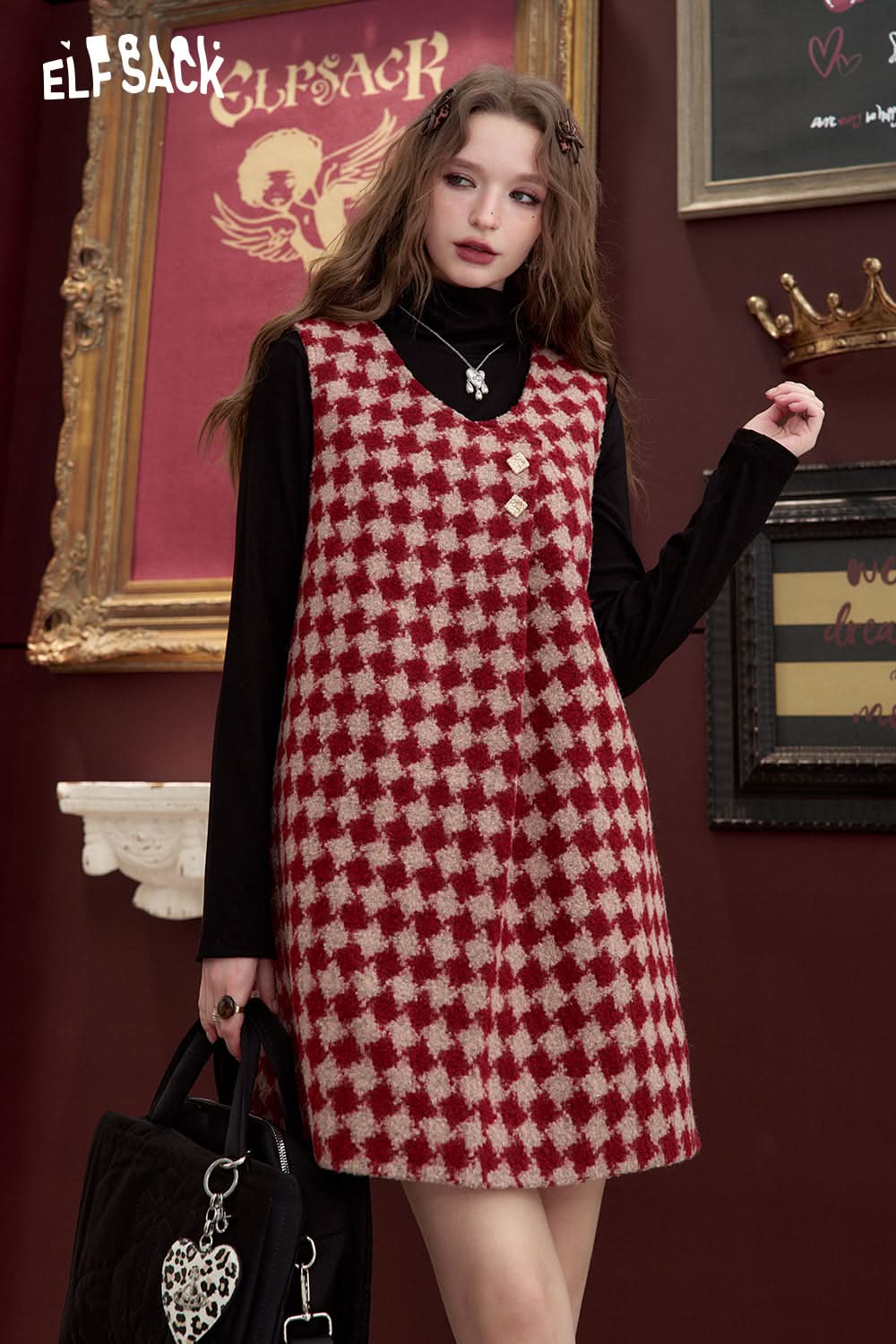 ELFSACK Red and white plaid irregular sleeveless loose short dress