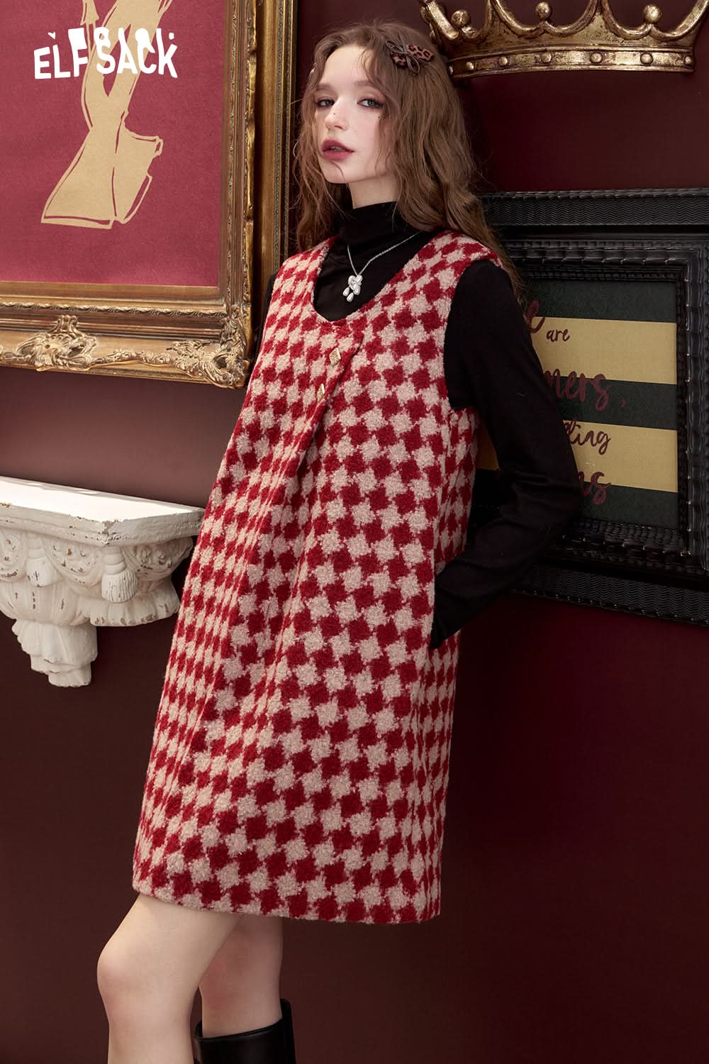 ELFSACK Red and white plaid irregular sleeveless loose short dress