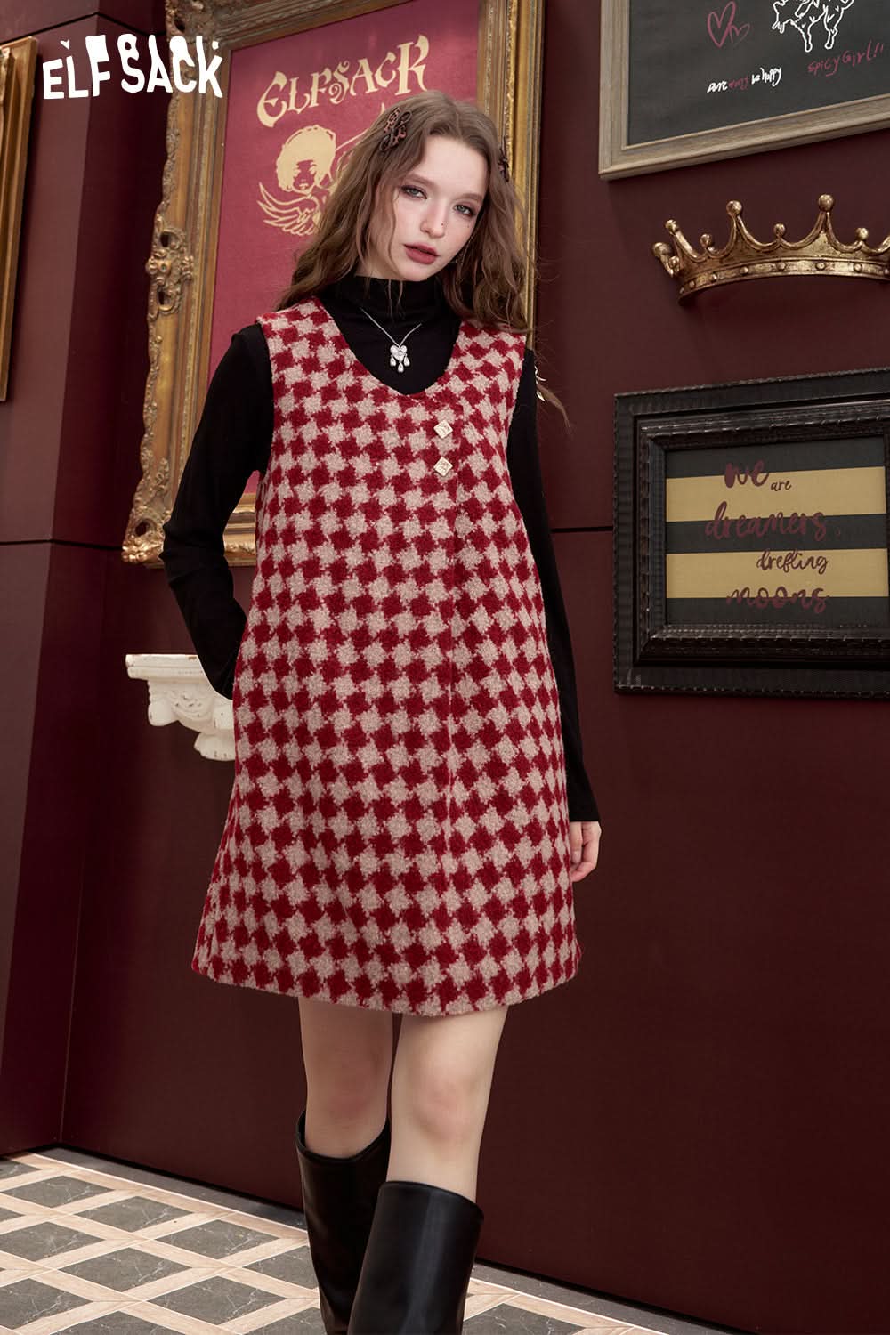 ELFSACK Red and white plaid irregular sleeveless loose short dress