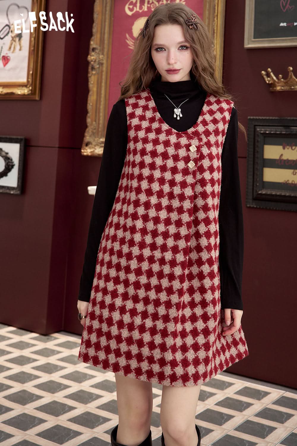 ELFSACK Red and white plaid irregular sleeveless loose short dress