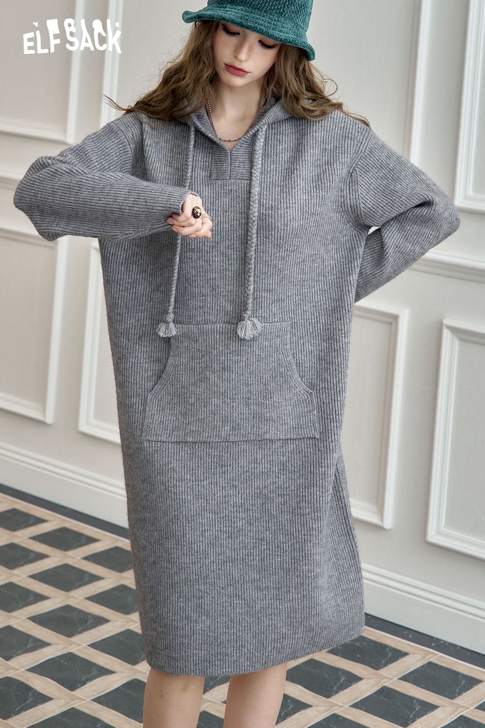ELFSACK Hooded knitted long sleeve casual dress