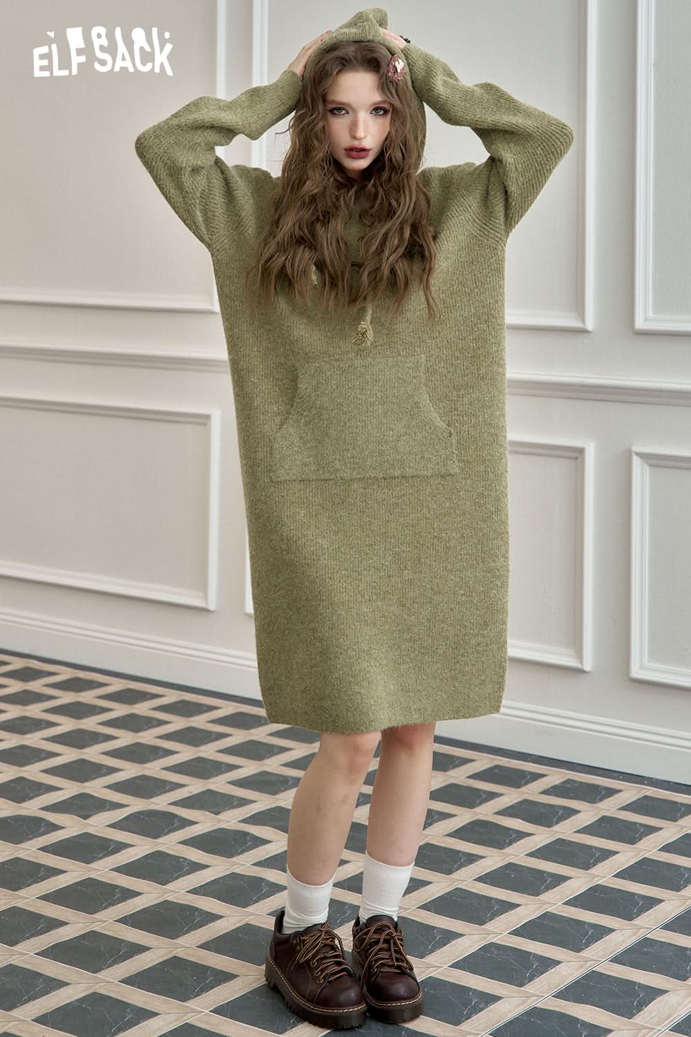 ELFSACK Hooded knitted long sleeve casual dress