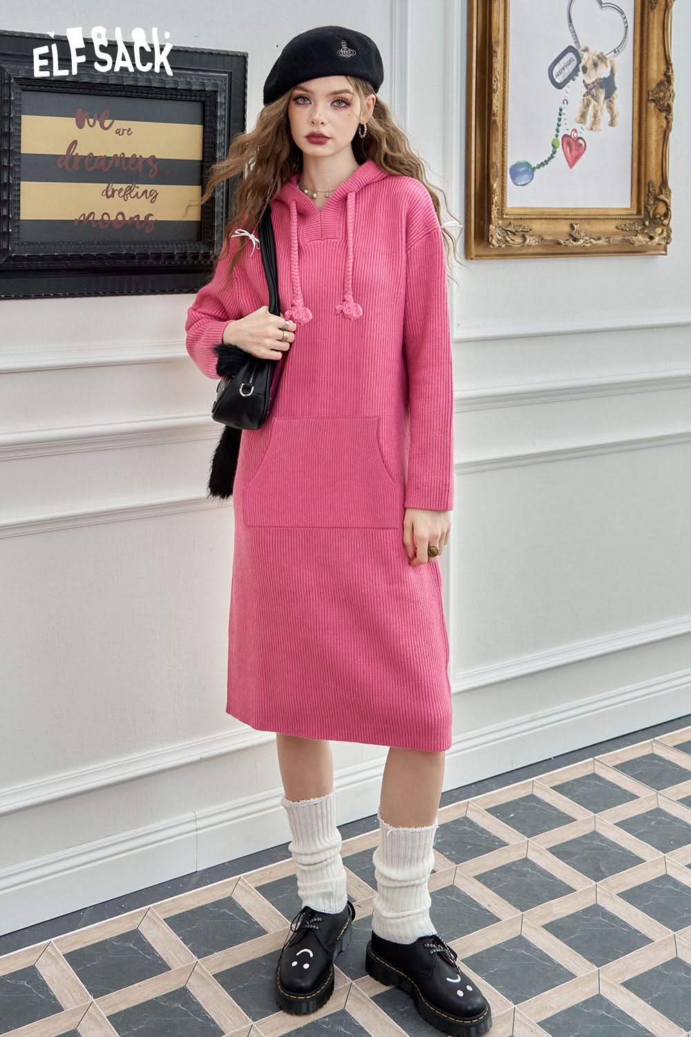ELFSACK Hooded knitted long sleeve casual dress