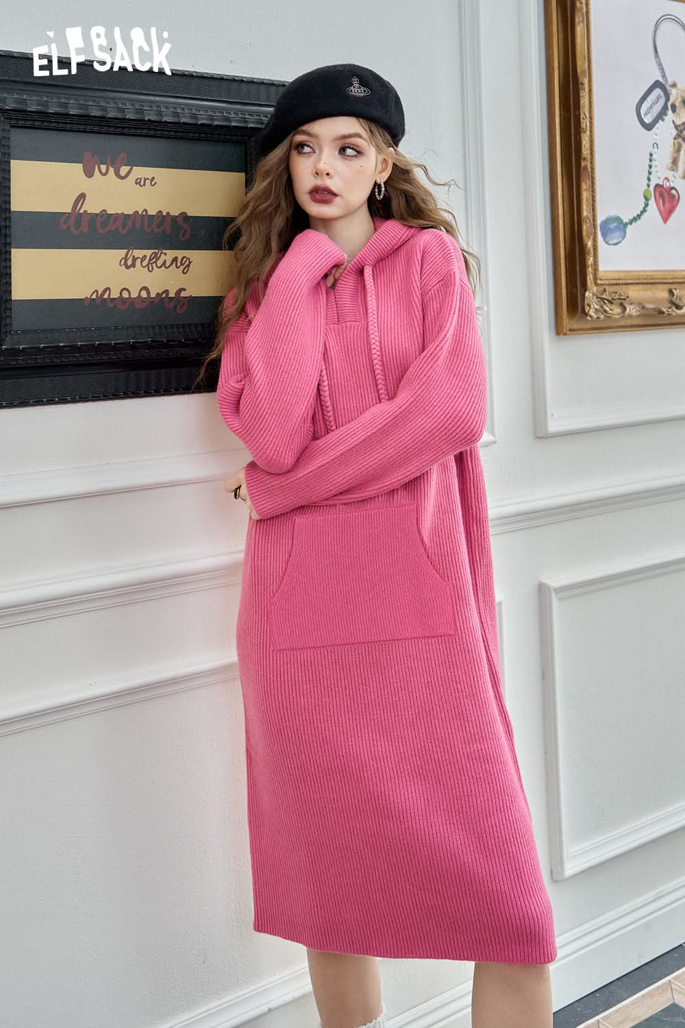 ELFSACK Hooded knitted long sleeve casual dress
