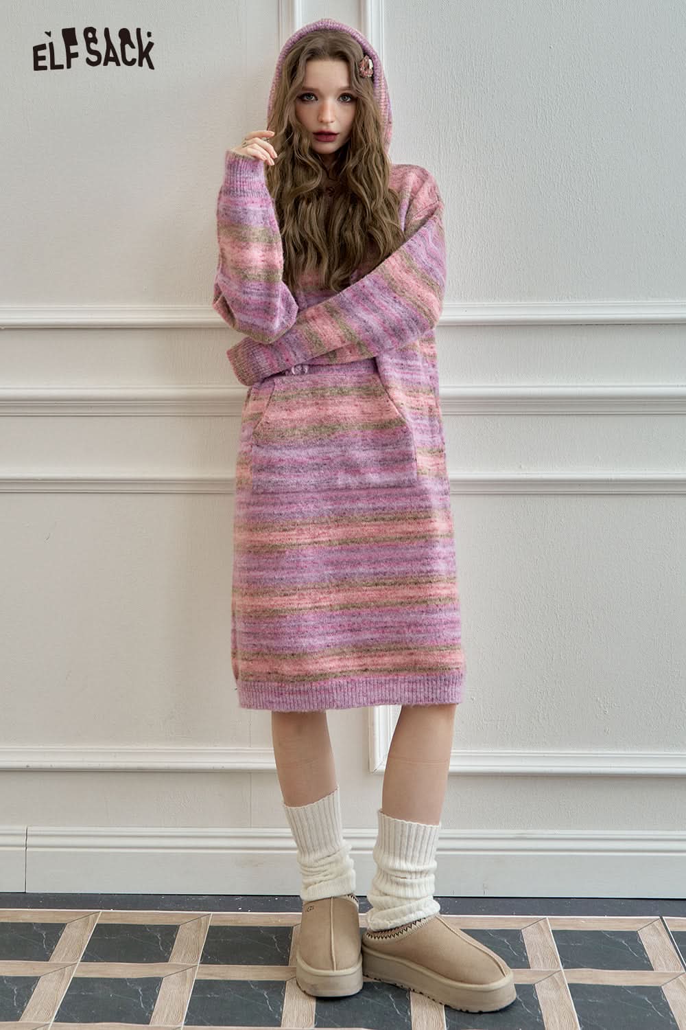 ELFSACK Gradient hooded knitted long-sleeved dress