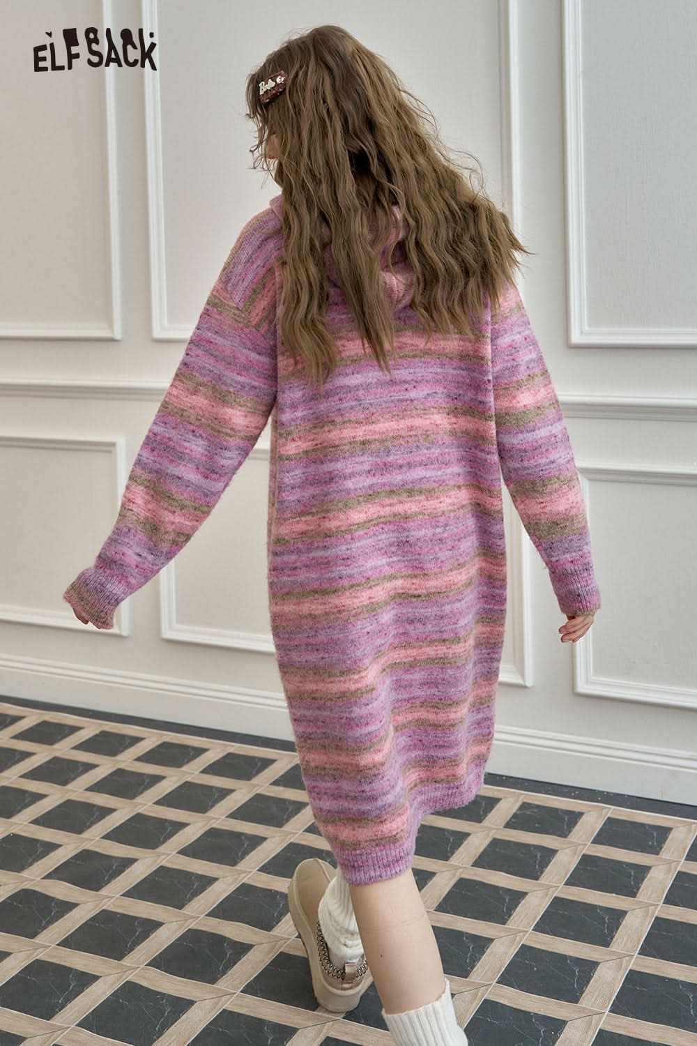 ELFSACK Gradient hooded knitted long-sleeved dress