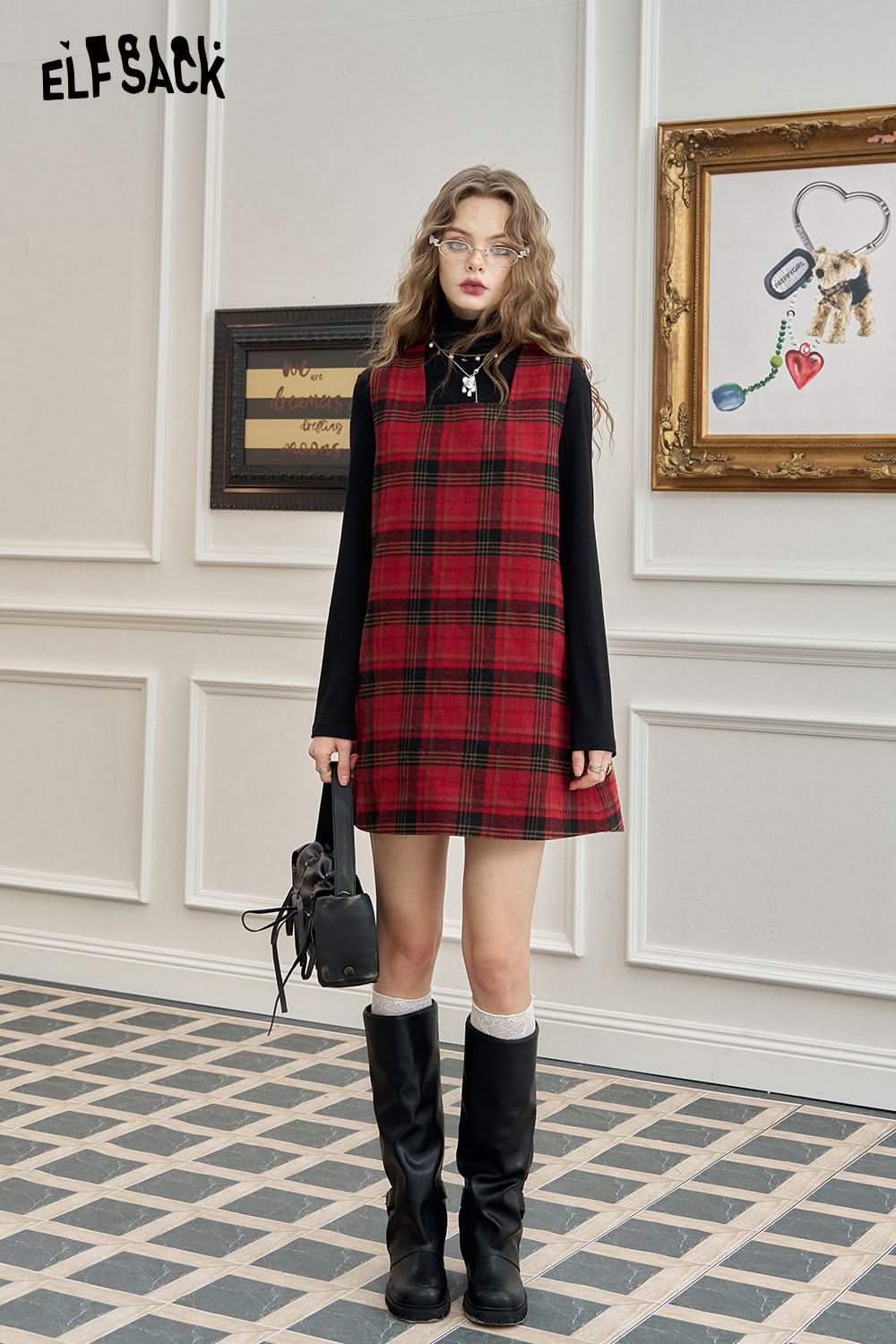 ELFSACK Red plaid vest short dress, loose and slim casual preppy style skirt