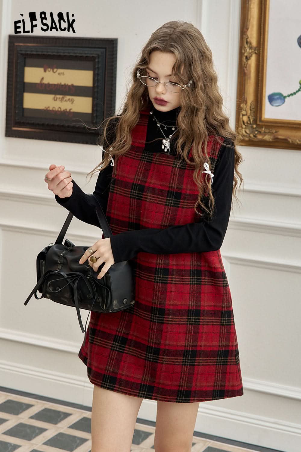 ELFSACK Red plaid vest short dress, loose and slim casual preppy style skirt