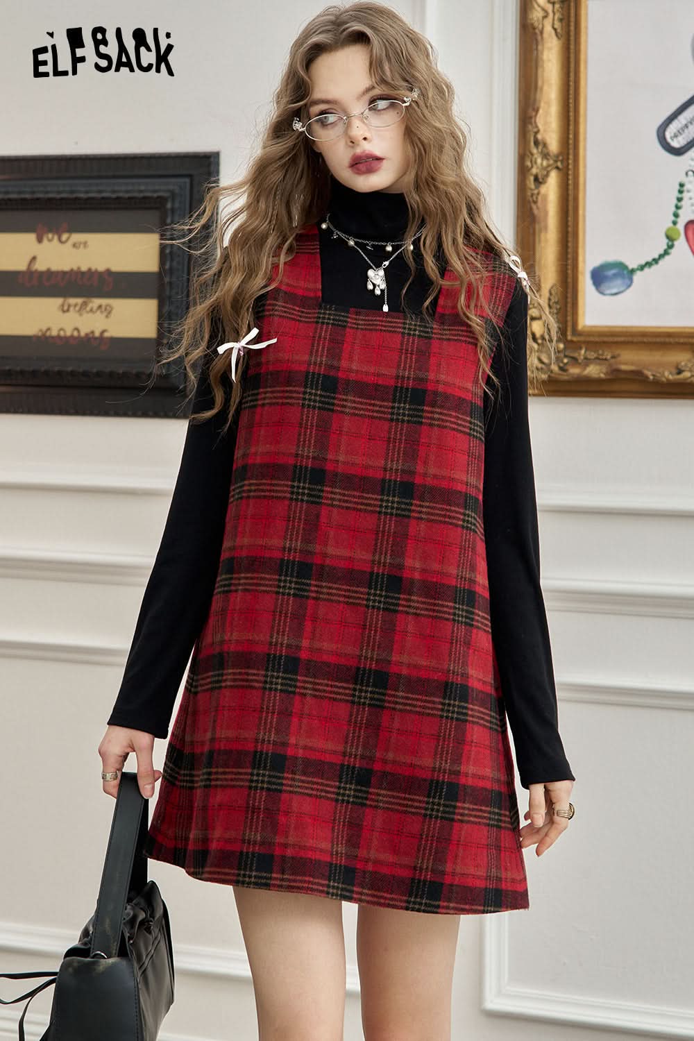 ELFSACK Red plaid vest short dress, loose and slim casual preppy style skirt