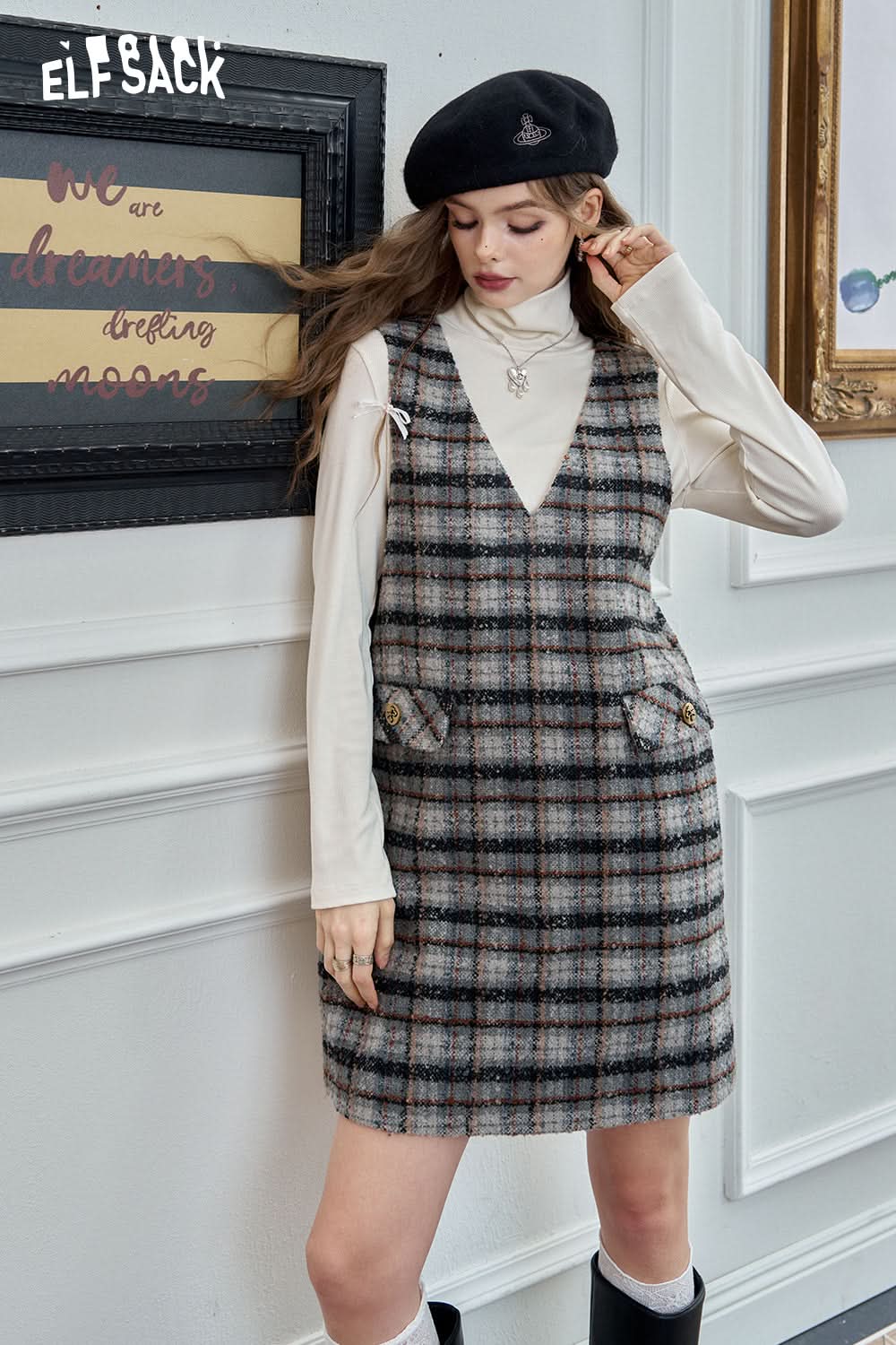 ELFSACK Retro plaid vest dress, elegant preppy style loose yarn-dyed plaid
