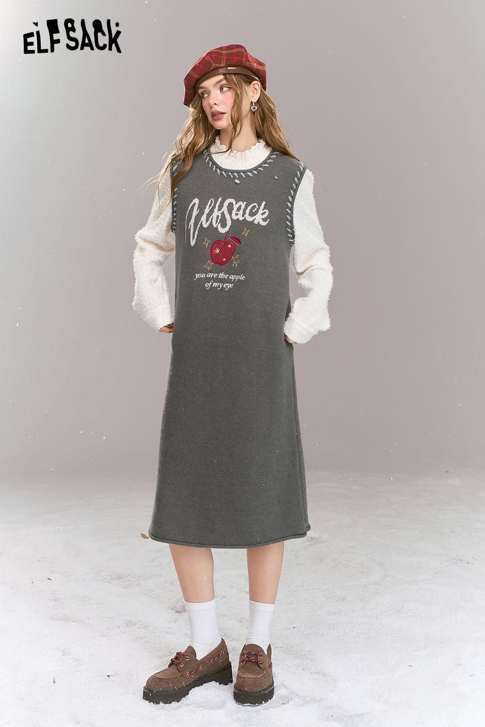 ELFSACK Sweet Preppy style long sleeved fake two-piece patchwork lace knit H-shaped long dress