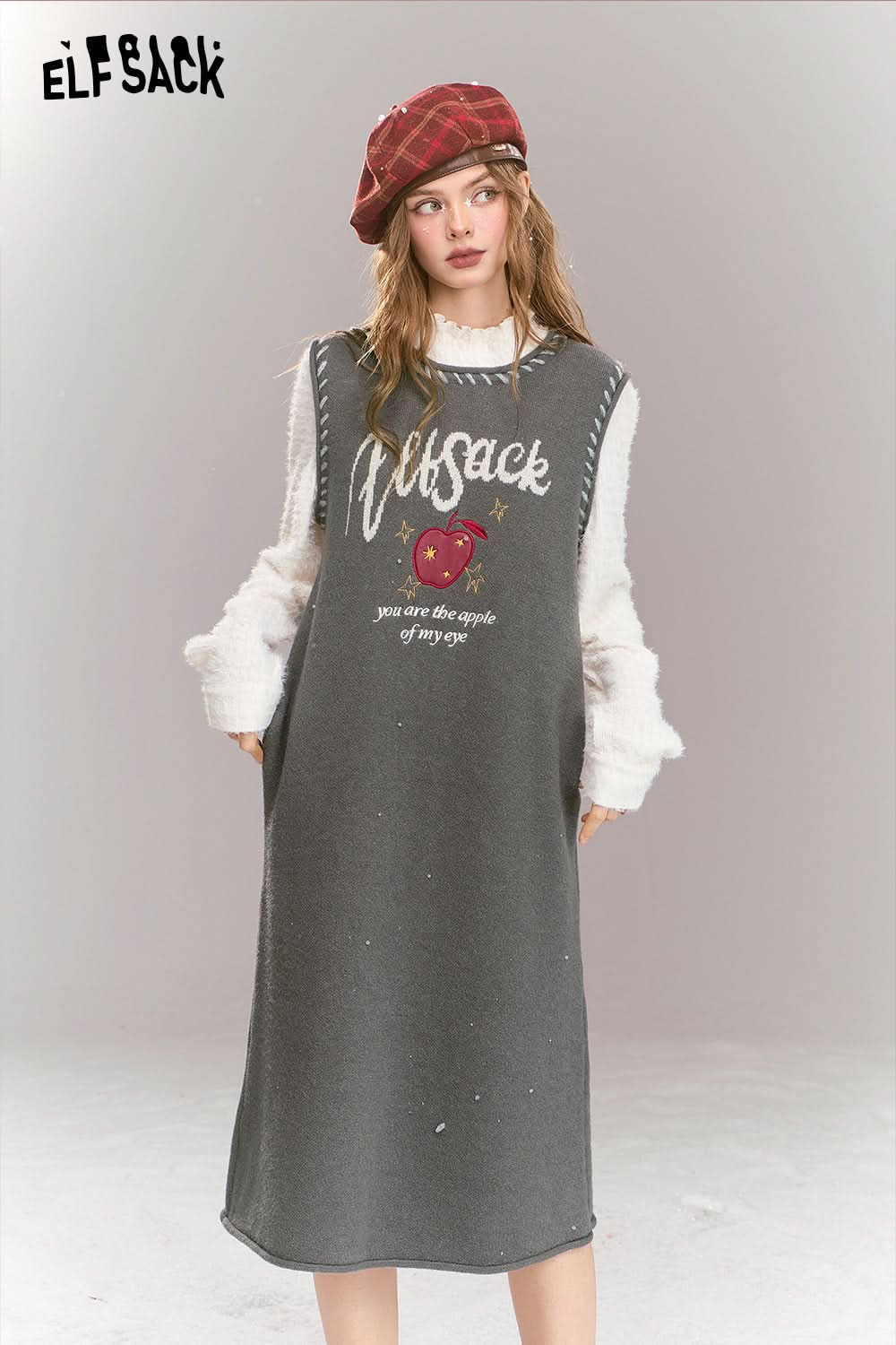 ELFSACK Sweet Preppy style long sleeved fake two-piece patchwork lace knit H-shaped long dress