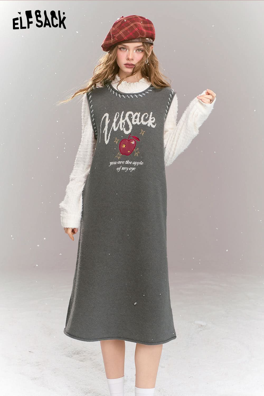ELFSACK Sweet Preppy style long sleeved fake two-piece patchwork lace knit H-shaped long dress