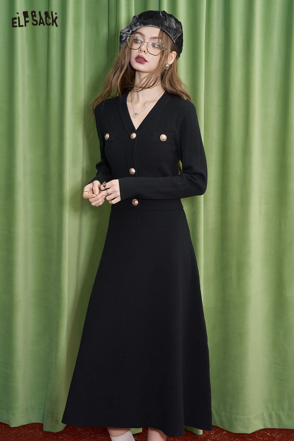 ELFSACK French black knitted dress Hepburn style waisted elegant bottoming skirt