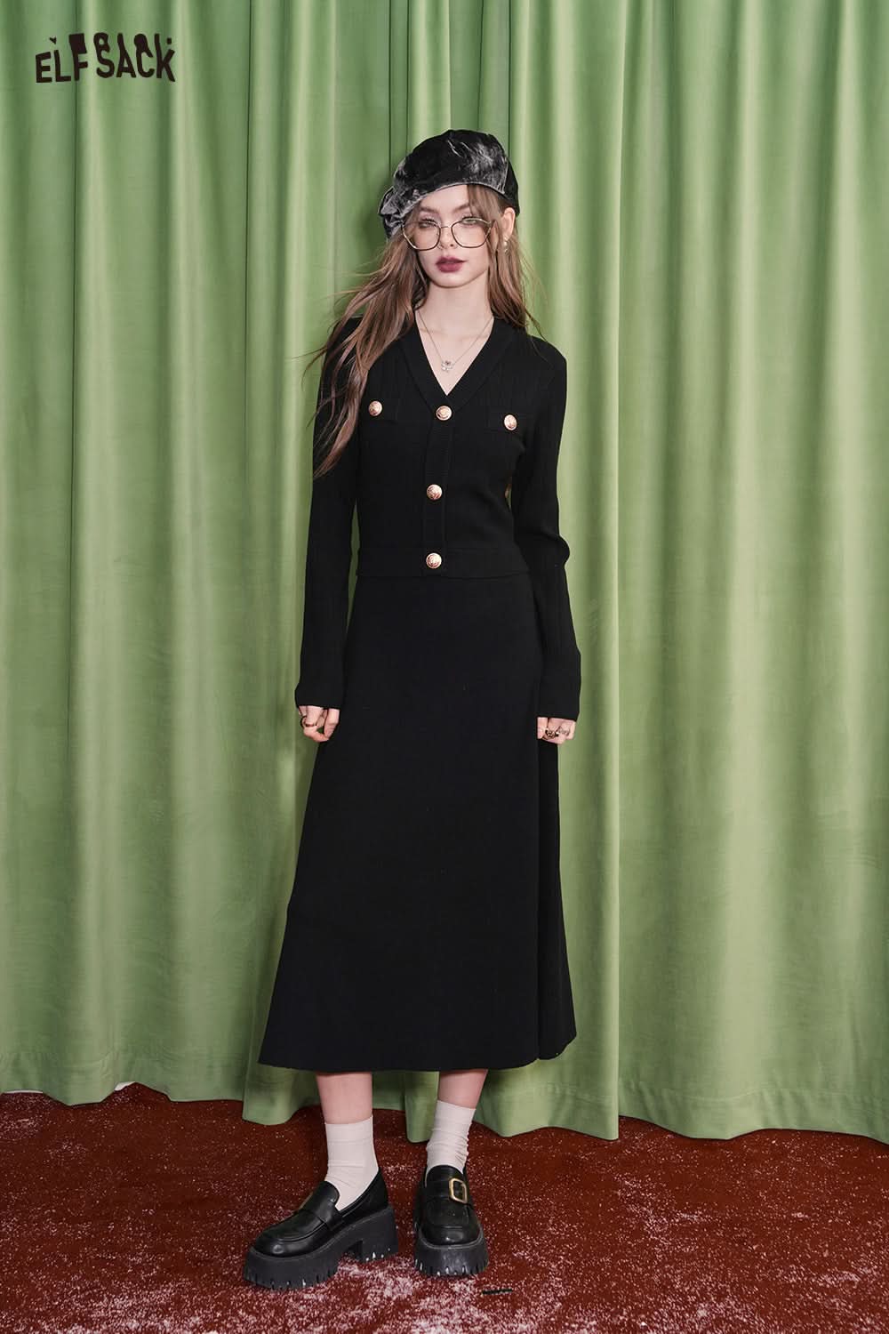 ELFSACK French black knitted dress Hepburn style waisted elegant bottoming skirt