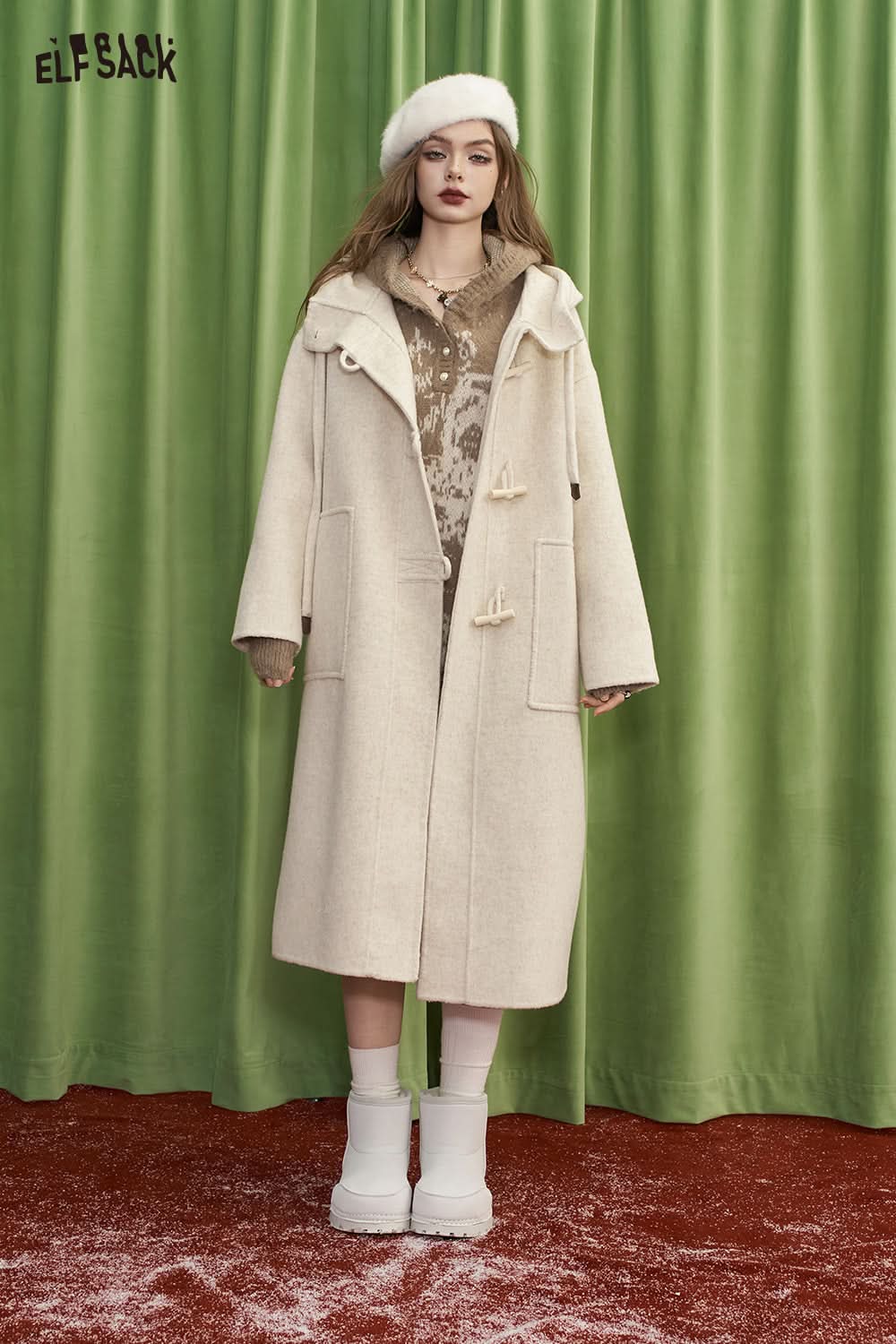 ELFSACK Hooded knitted jacquard straight tube mid-length dress