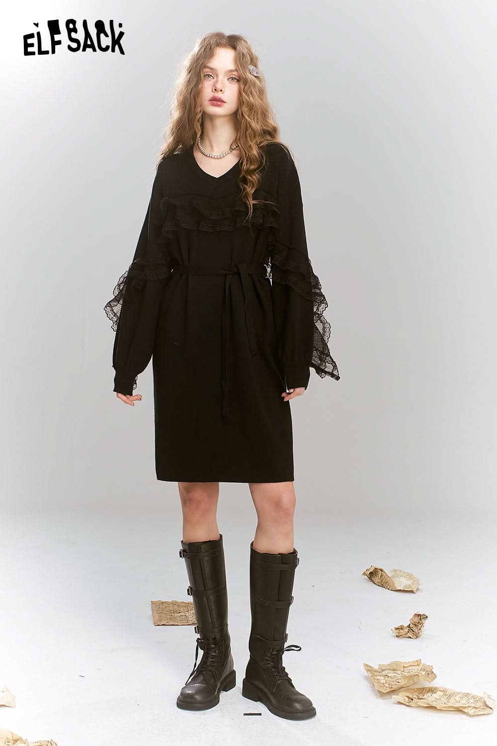 ELFSACK Knitted dress black mesh splicing v-neck female elegant