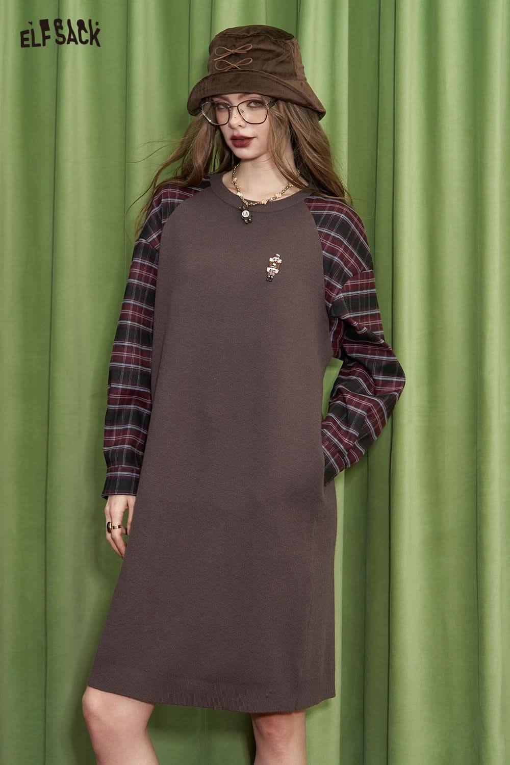 ELFSACK Checkered patchwork contrasting knitted dress
