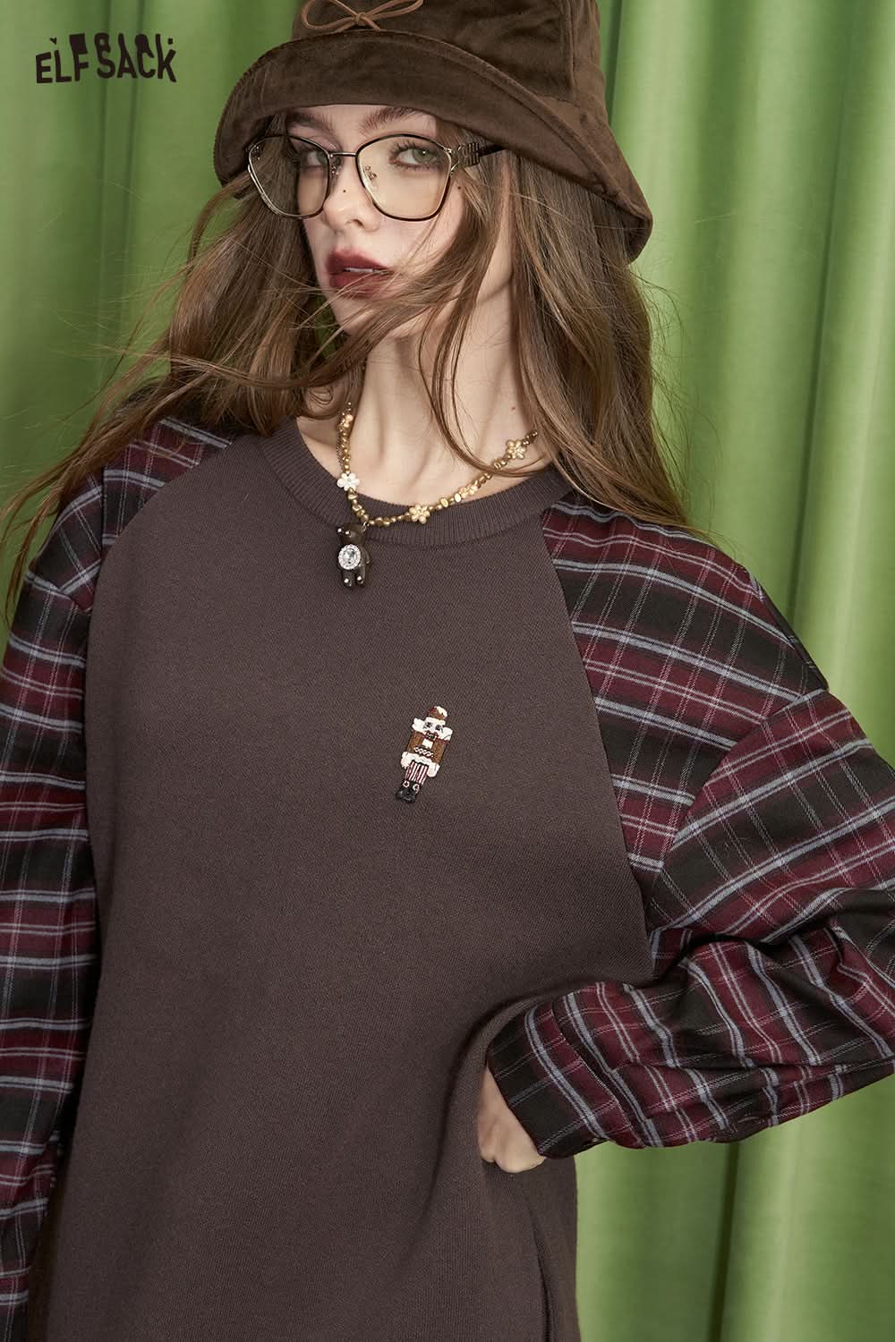 ELFSACK Checkered patchwork contrasting knitted dress