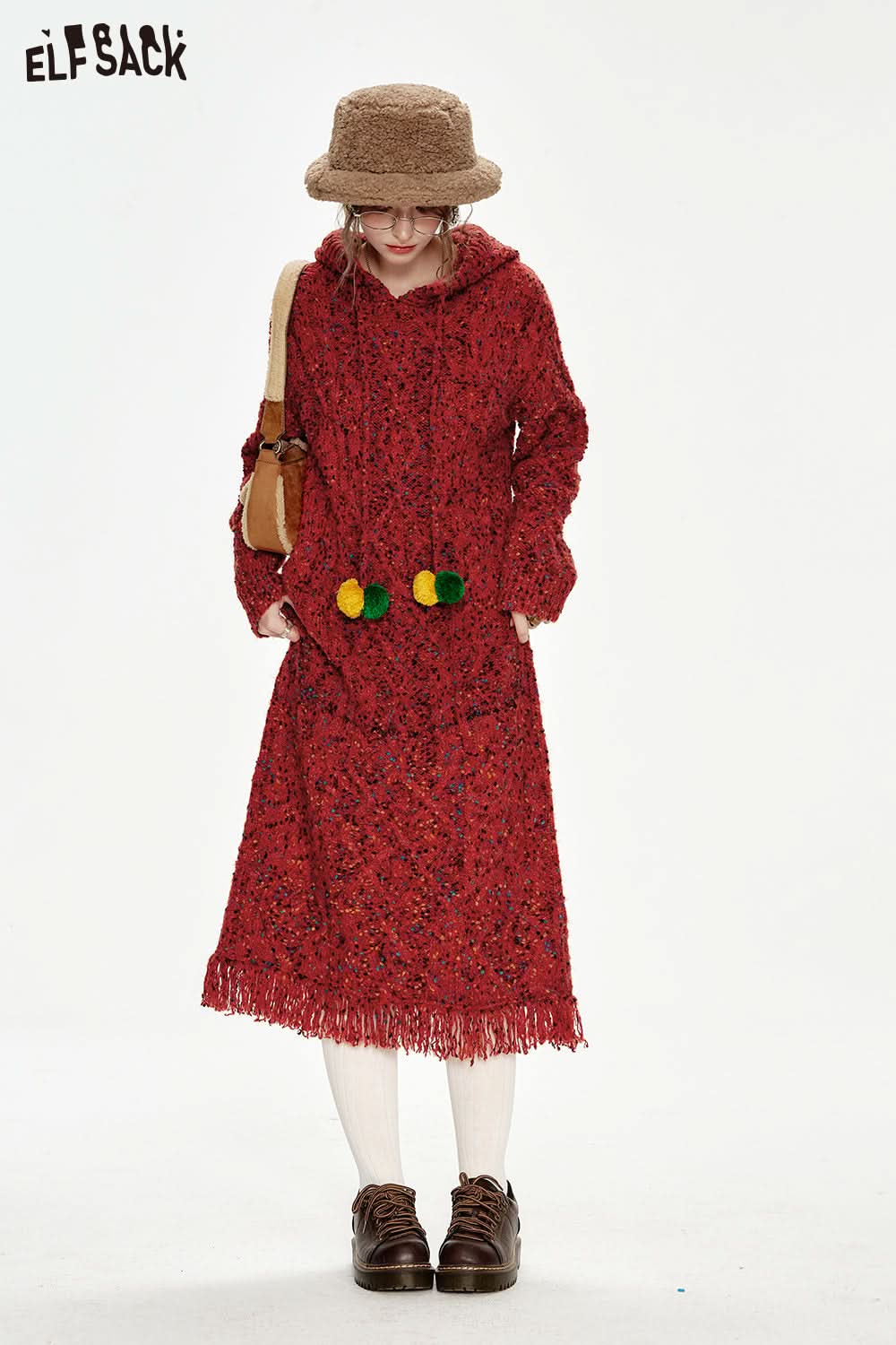 ELFSACK Hooded pompom drawstring knitted red colorful dots long-sleeve long dress Christmas outfit