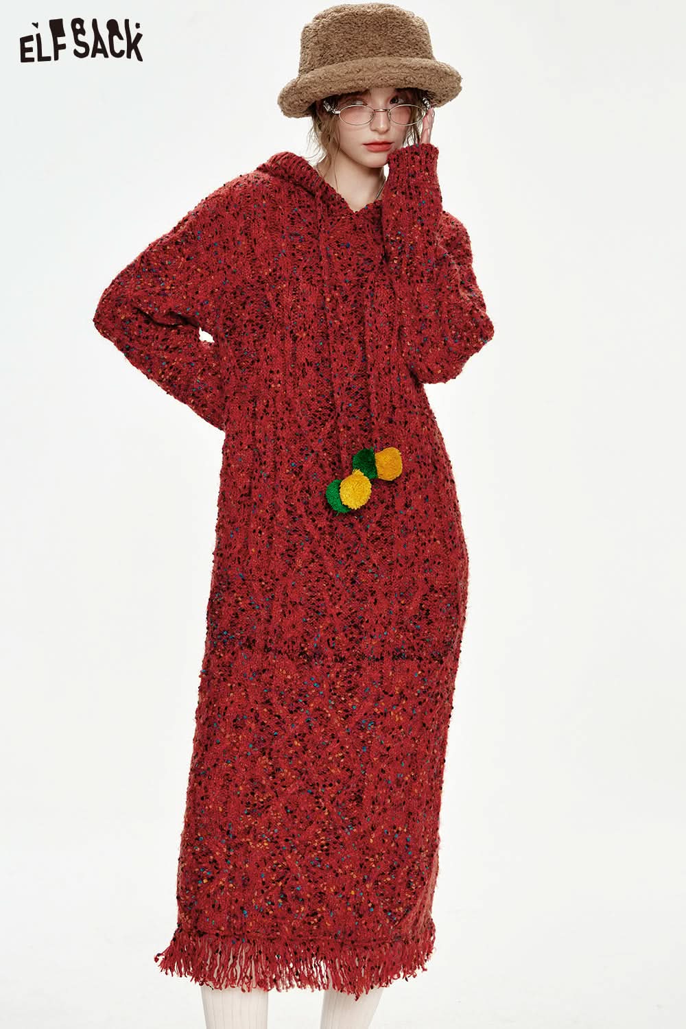 ELFSACK Hooded pompom drawstring knitted red colorful dots long-sleeve long dress Christmas outfit