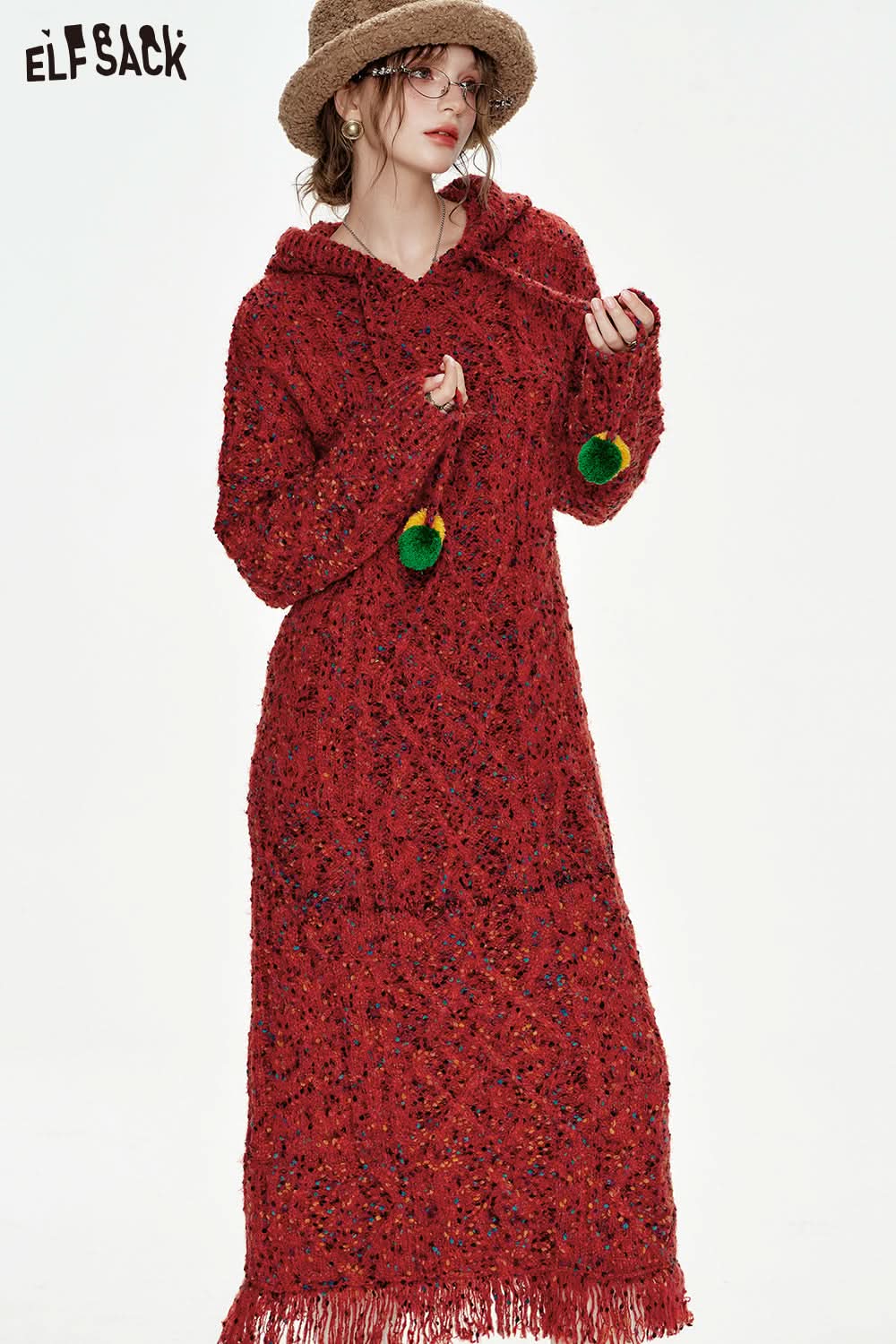 ELFSACK Hooded pompom drawstring knitted red colorful dots long-sleeve long dress Christmas outfit