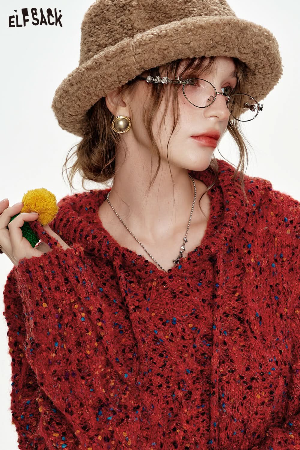 ELFSACK Hooded pompom drawstring knitted red colorful dots long-sleeve long dress Christmas outfit