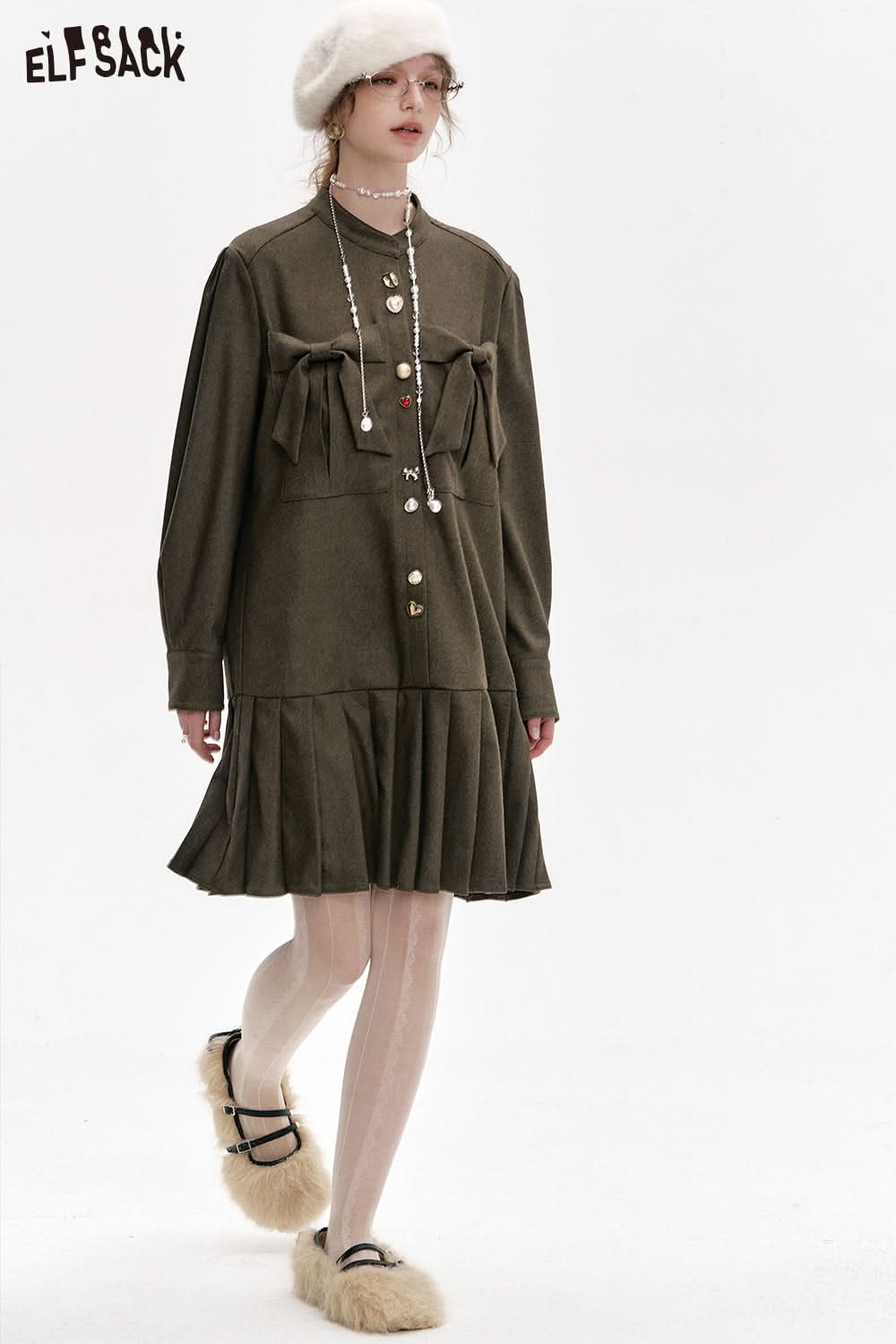 ELFSACK Retro Bowknot Long Sleeve Stand Collar Short A-Line Pleated Dress