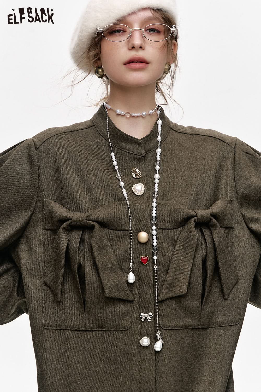 ELFSACK Retro Bowknot Long Sleeve Stand Collar Short A-Line Pleated Dress
