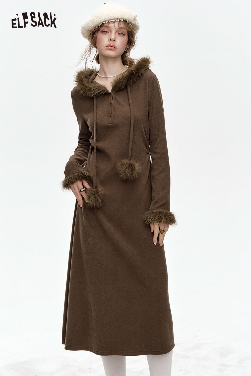 ELFSACK Faux Plush Stitching Hooded Knitted Slim Fit Solid Color Long Dress Women