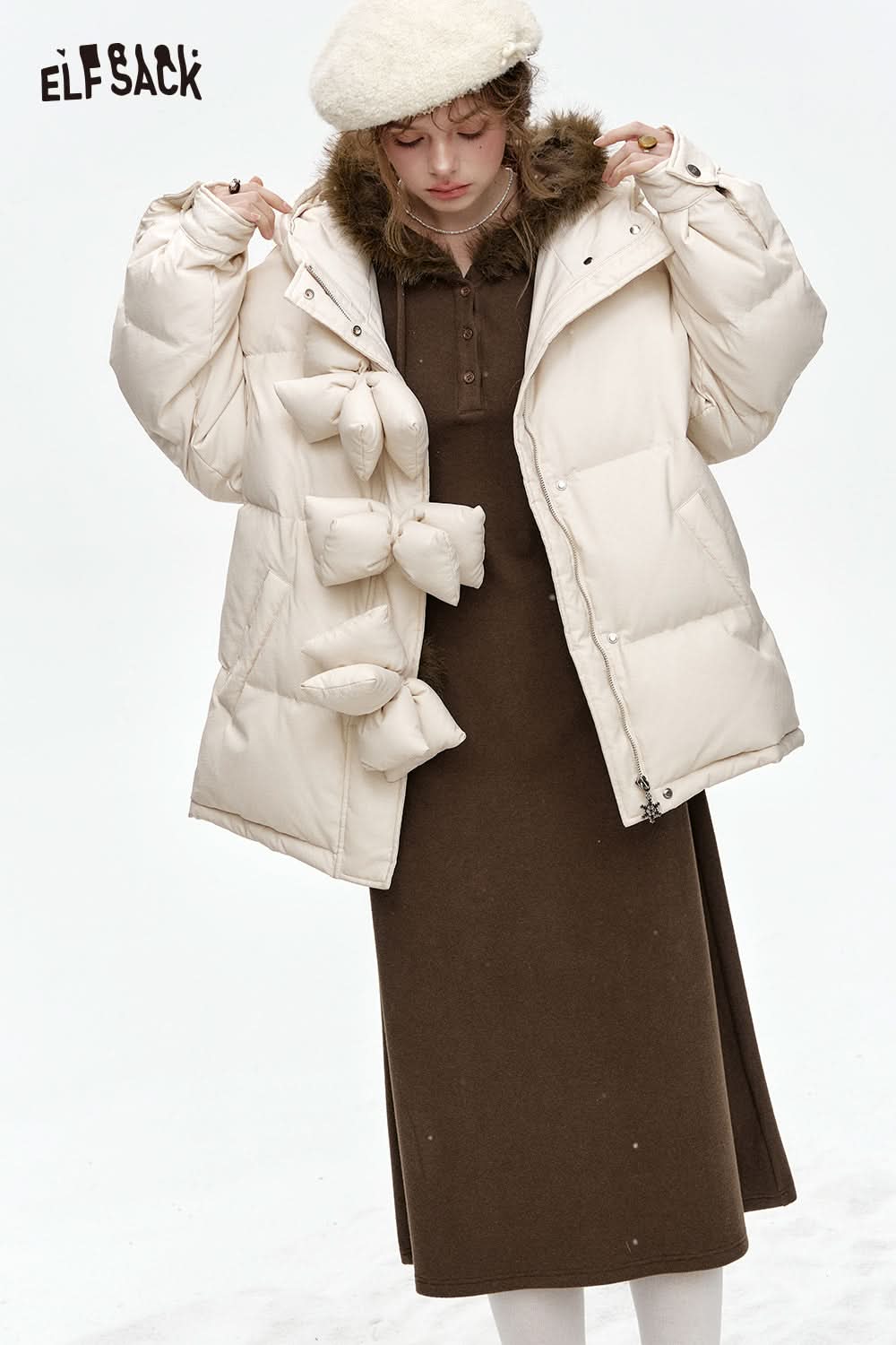 ELFSACK Faux Plush Stitching Hooded Knitted Slim Fit Solid Color Long Dress Women