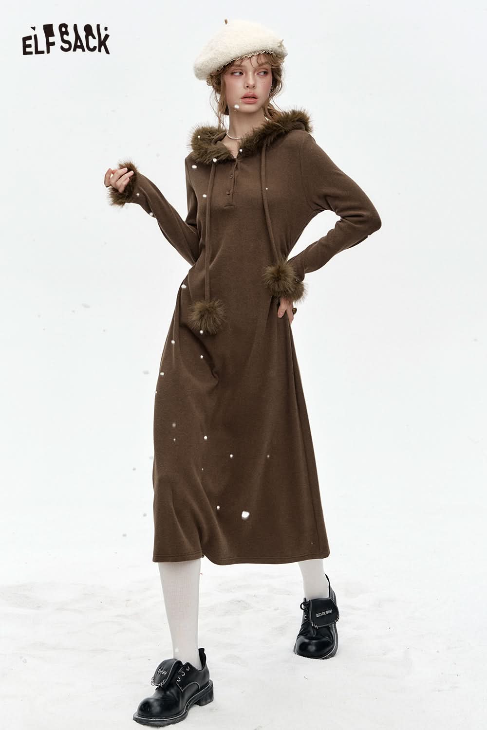 ELFSACK Faux Plush Stitching Hooded Knitted Slim Fit Solid Color Long Dress Women