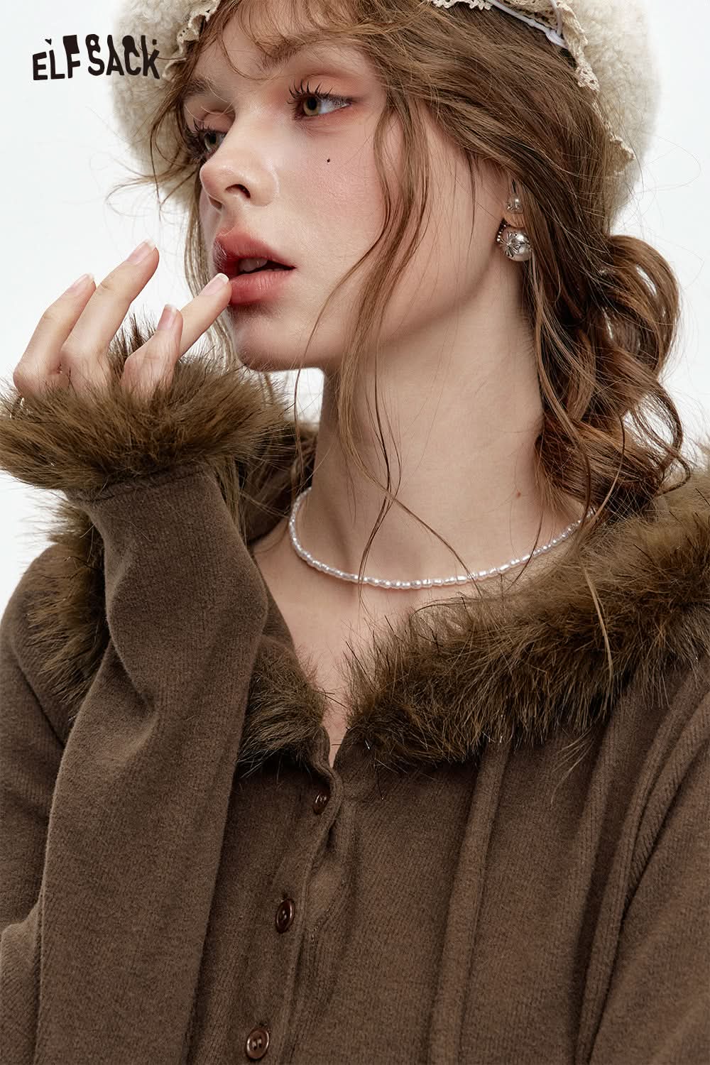 ELFSACK Faux Plush Stitching Hooded Knitted Slim Fit Solid Color Long Dress Women