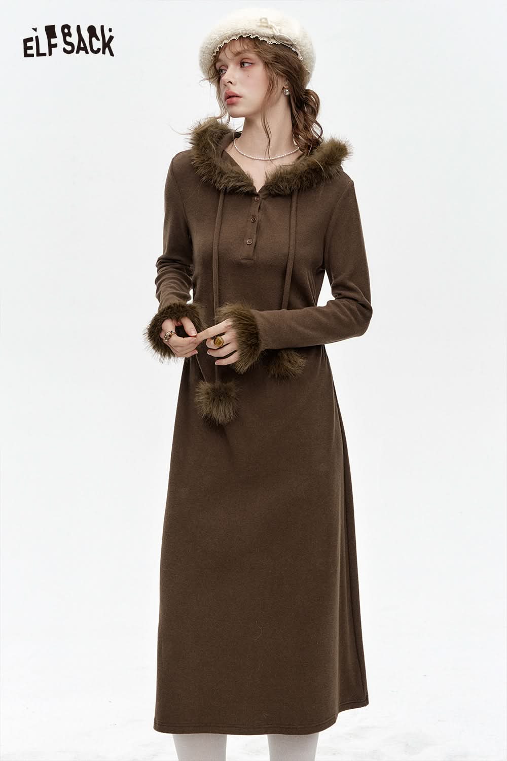 ELFSACK Faux Plush Stitching Hooded Knitted Slim Fit Solid Color Long Dress Women