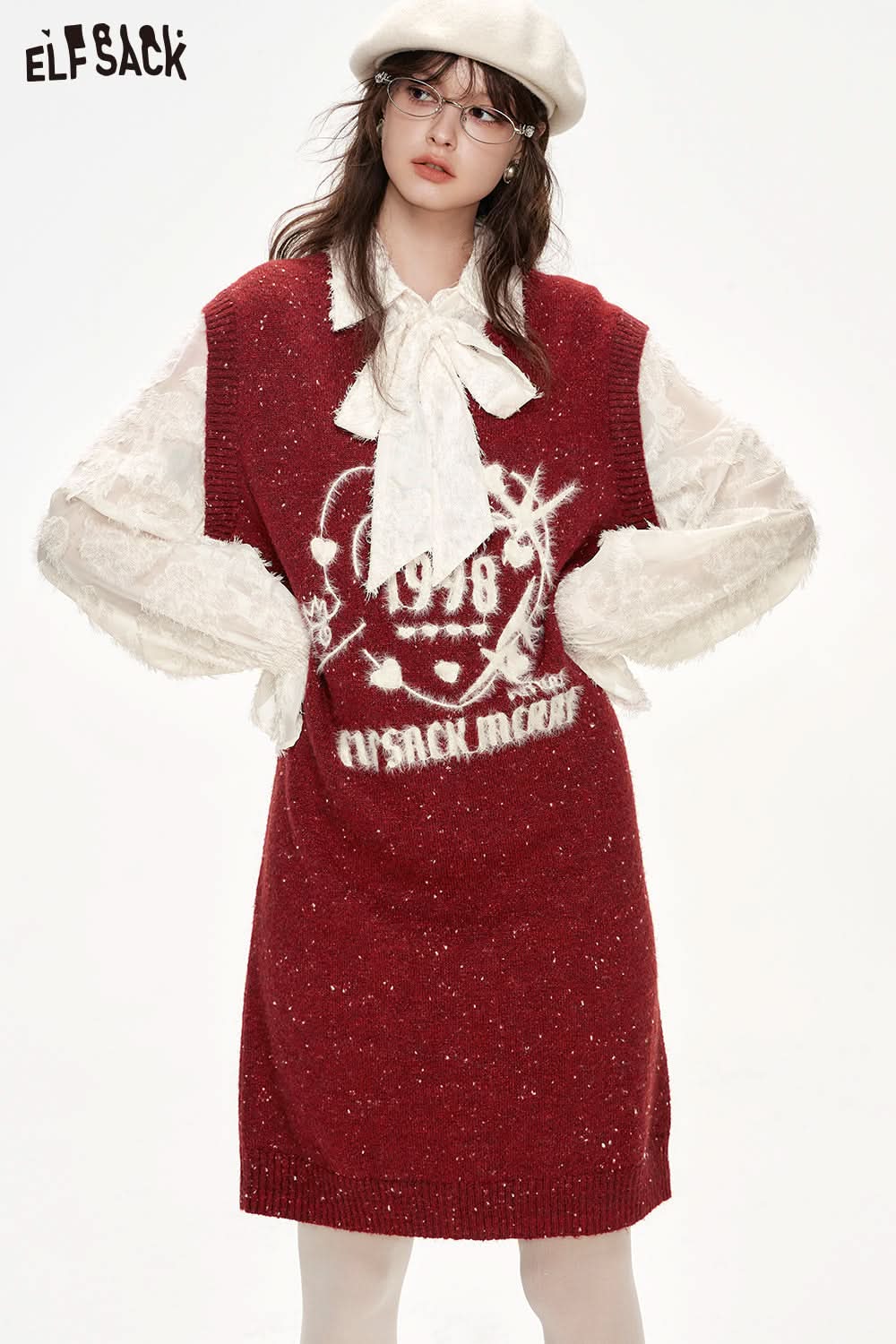 ELFSACK Fake two-piece stitching red glitter lapel bow knitted dress Christmas outfit