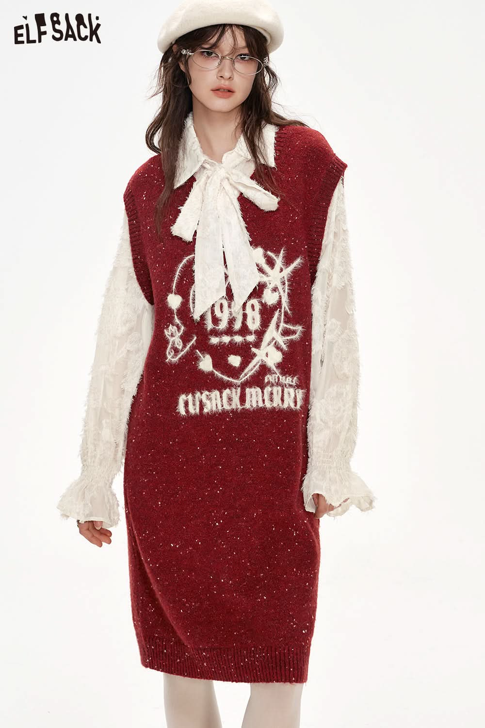 ELFSACK Fake two-piece stitching red glitter lapel bow knitted dress Christmas outfit