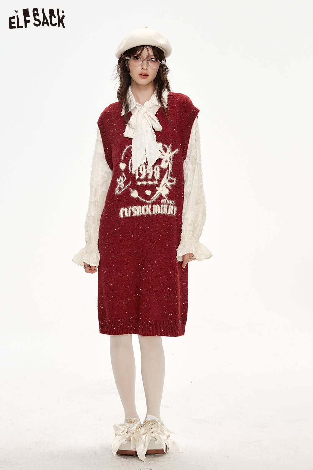 ELFSACK Fake two-piece stitching red glitter lapel bow knitted dress Christmas outfit