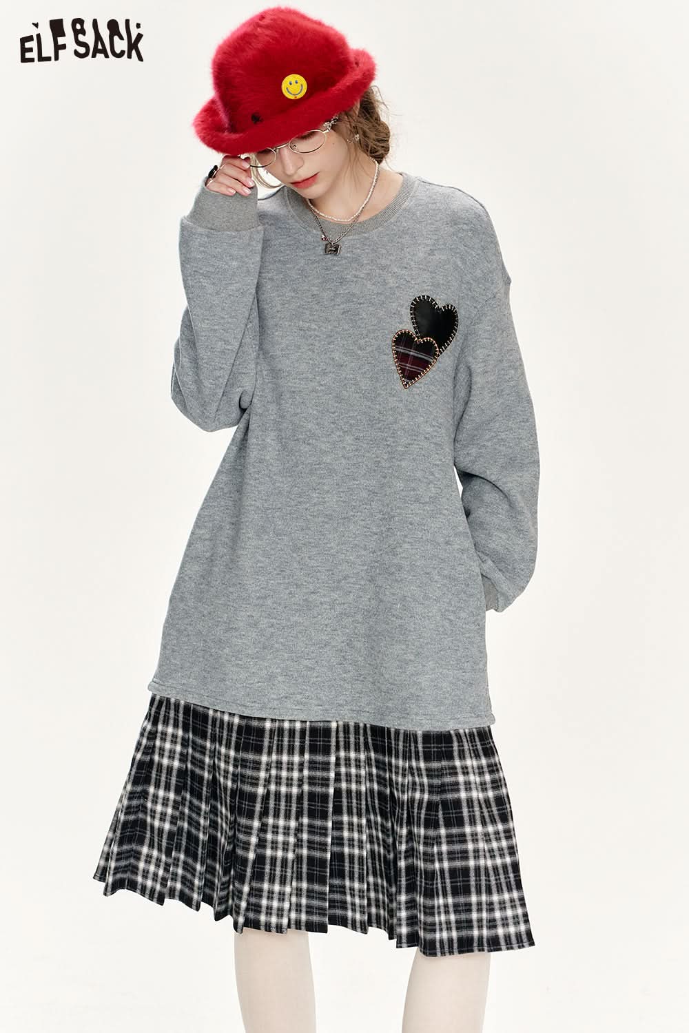 ELFSACK Gray plaid patchwork sweatshirt dress preppy style dress with love applique