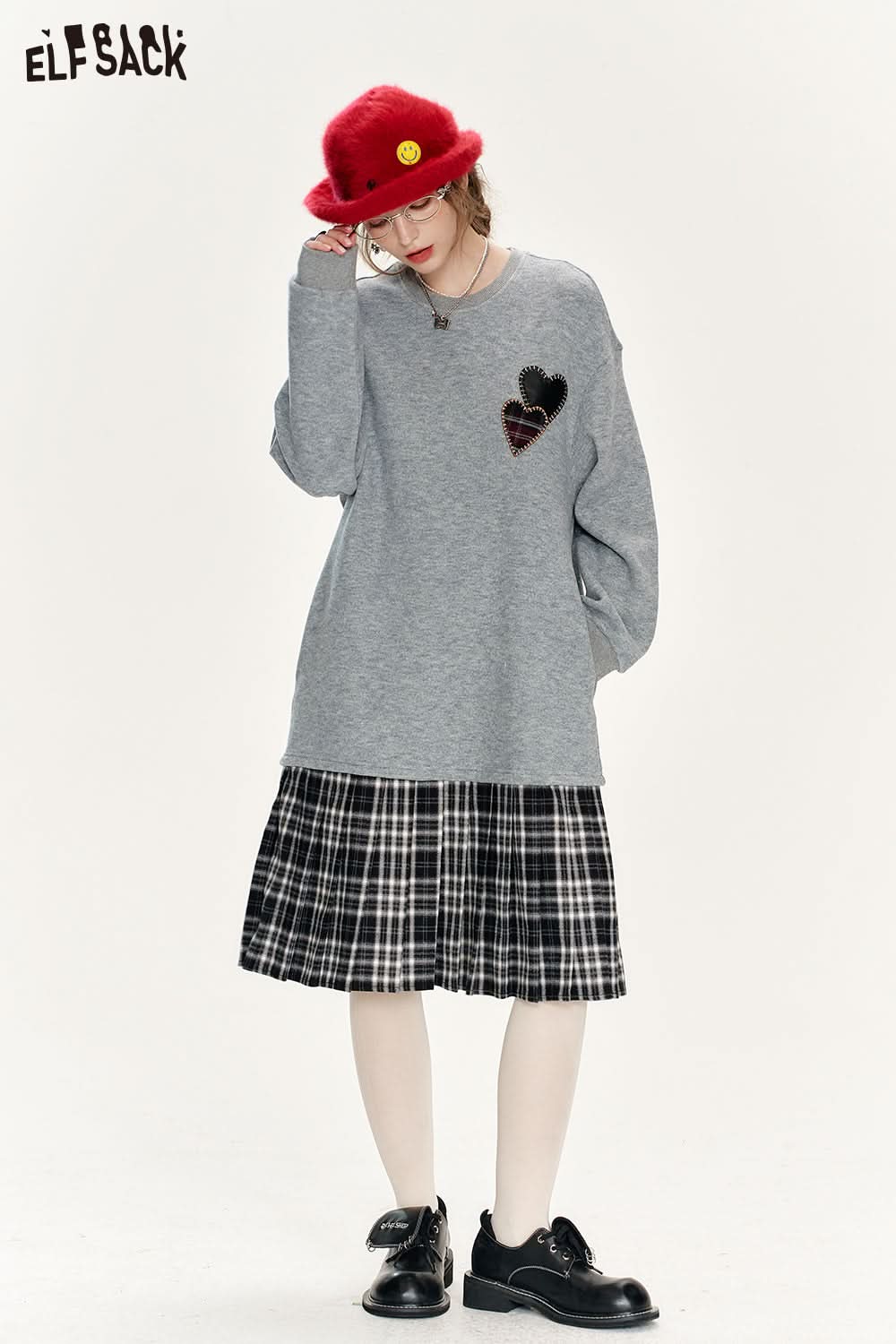 ELFSACK Gray plaid patchwork sweatshirt dress preppy style dress with love applique