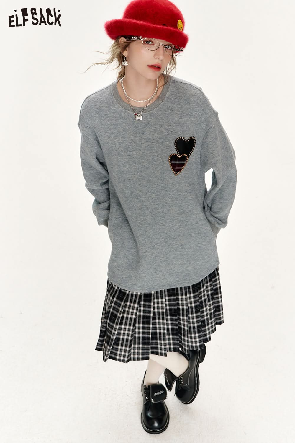 ELFSACK Gray plaid patchwork sweatshirt dress preppy style dress with love applique