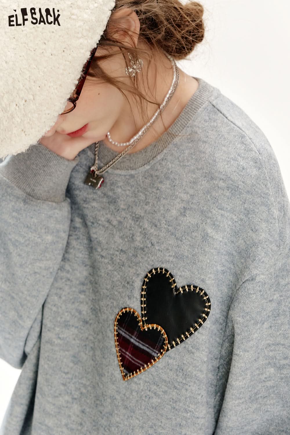 ELFSACK Gray plaid patchwork sweatshirt dress preppy style dress with love applique