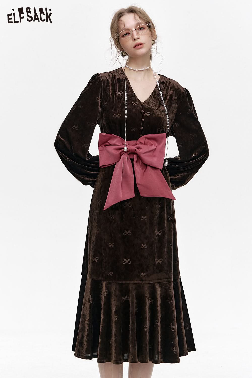ELFSACK Retro Velvet Detachable Bowknot V-Neck Long Dress Women
