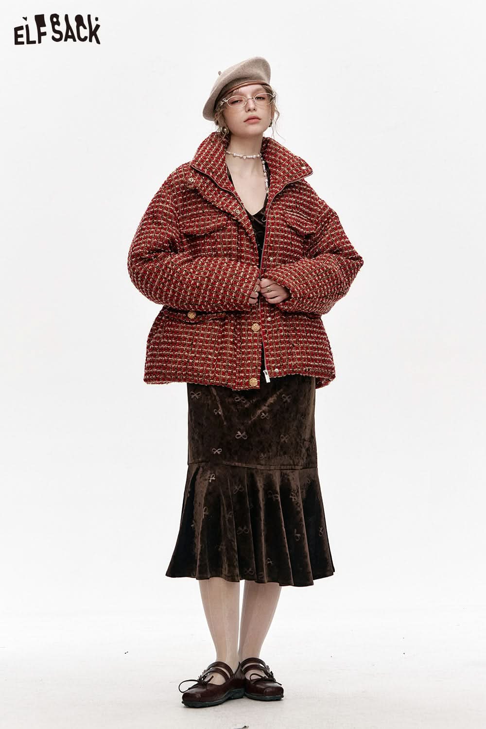 ELFSACK Retro Velvet Detachable Bowknot V-Neck Long Dress Women