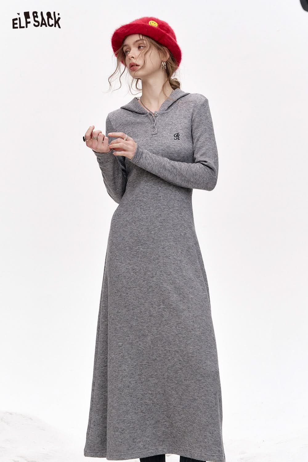 ELFSACK Retro casual gray embroidered knitted hooded collar long dress