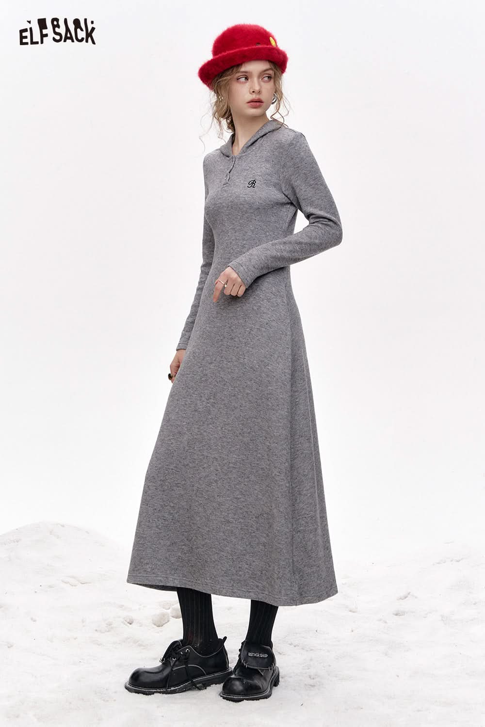 ELFSACK Retro casual gray embroidered knitted hooded collar long dress