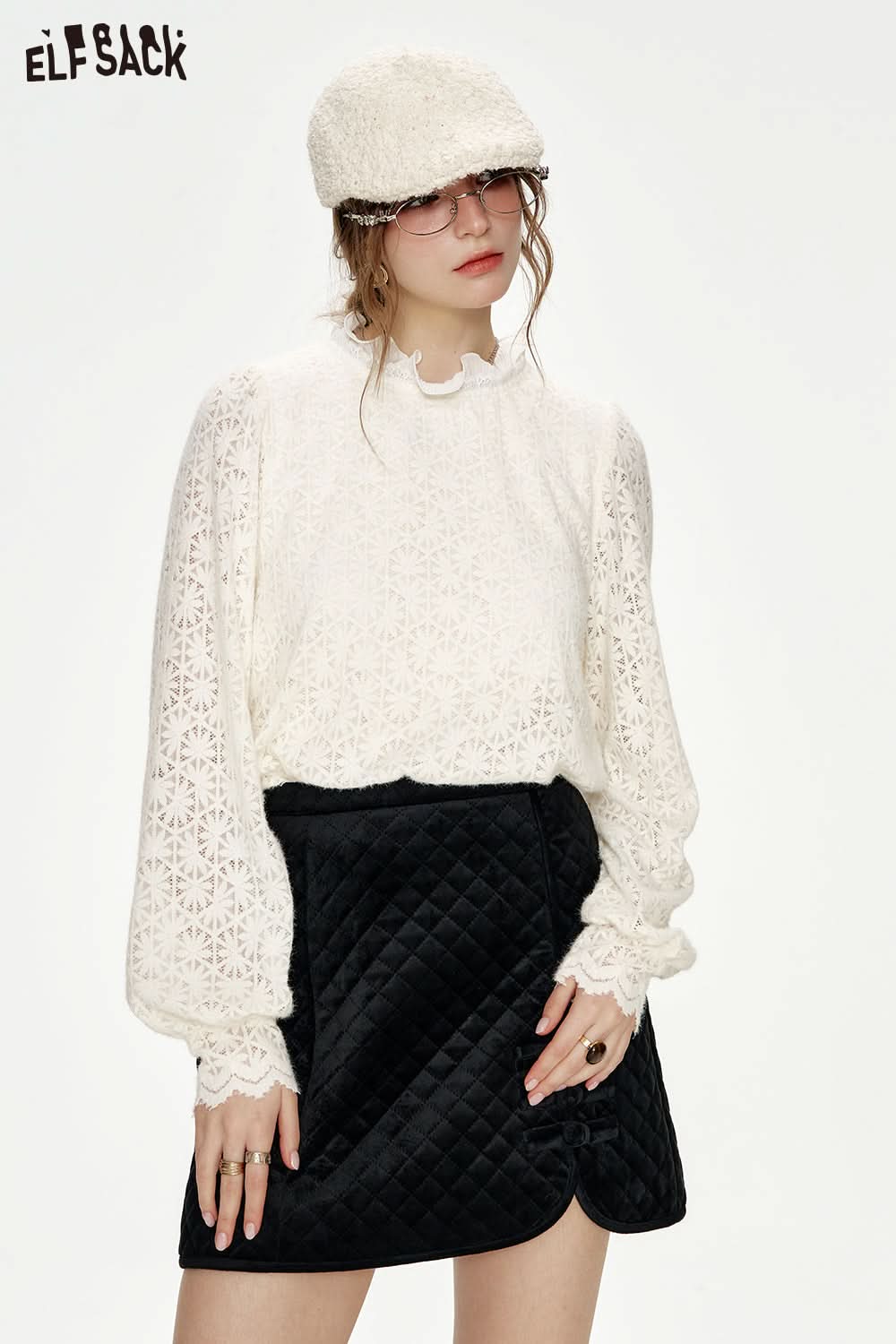 ELFSACK Sweet preppy style white lace collar blouse
