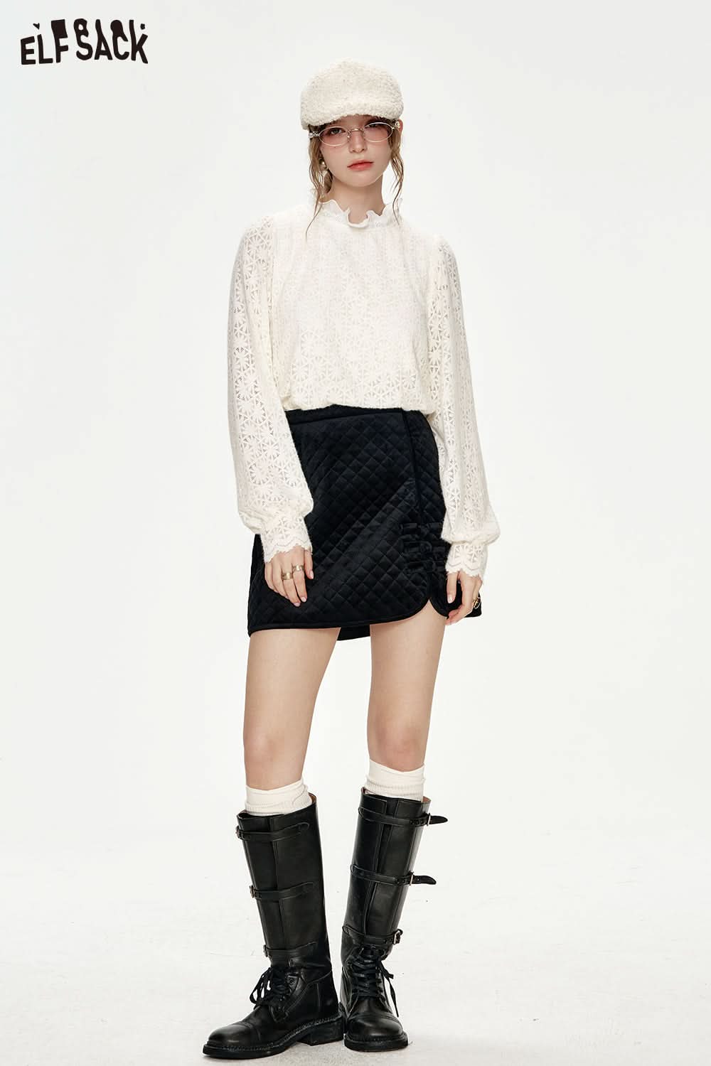 ELFSACK Sweet preppy style white lace collar blouse