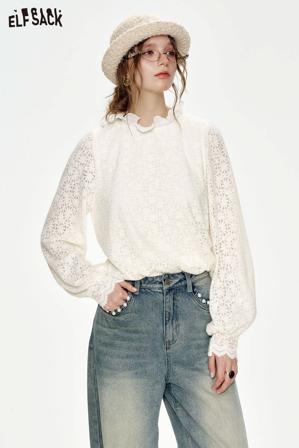 ELFSACK Sweet preppy style white lace collar blouse